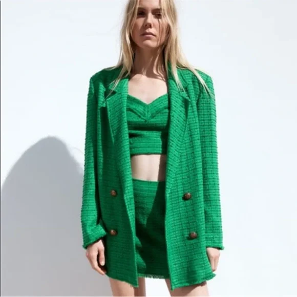 Zara Textured Double Breasted Blazer Tweed Longline Fall Boho Green Sz Large NWT - Picture 2 of 11